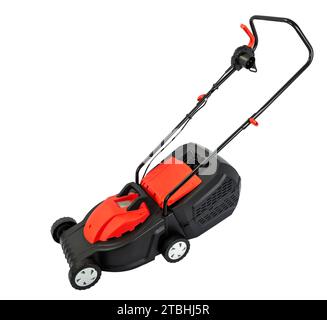 Electric lawnmower for garden maintenance isolated on white background. Stock Photo