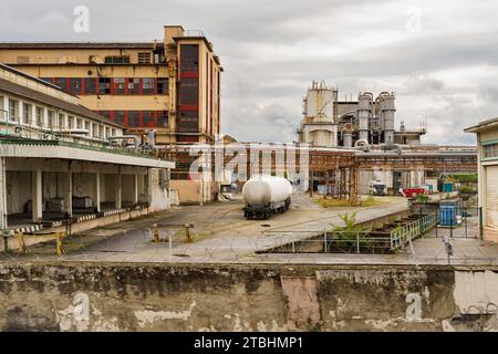 At a chemical plant there are railway tanks with chemicals. Chemical production. Stock Photo