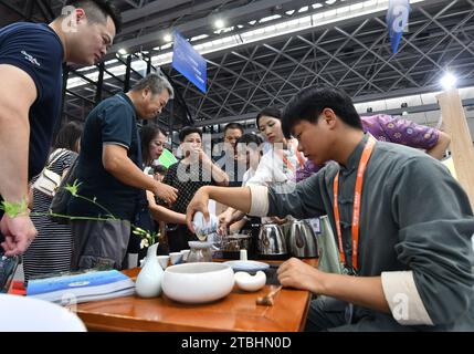 (231207) -- WUZHOU, Dec. 7, 2023 (Xinhua) -- People taste Liubao tea during the 20th China-ASEAN Expo at Nanning International Convention and Exhibition Center in Nanning, capital of south China's Guangxi Zhuang Autonomous Region, Sept. 19, 2023. Liubao tea, a Chinese dark tea characterized by its strong and lingering fragrance and medical effects, boasts a history of more than 1,500 years. Famous for Liubao tea making, the city of Wuzhou has over 310,000 mu (about 20,667 hectares) of tea plantations, with an output value exceeding 16 billion yuan (about 2.24 billion dollars). (Xinhua/Huang Stock Photo