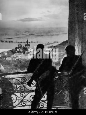 Two soldiers of the Wermacht look out from the citadel across the Ukrainian capital of Kiev following it's capture during the Second World War German invasion of Russia in September 1941. Stock Photo