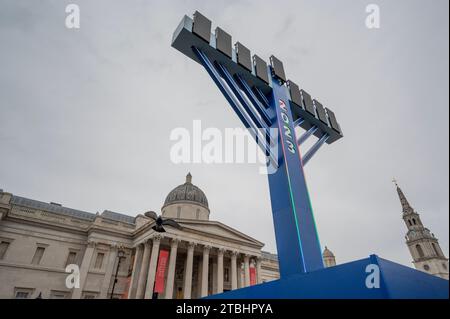 London, UK. 7th Dec, 2023. The giant menorah will be lit up for Chanukah, the Jewish festival of lights, in Trafalgar Square. The menorah will be on display from Thursday 7 Dec - Thursday 14 Dec, with one of the lights lit at 4pm each day and at 5.15pm on Saturday. Credit: Malcolm Park/Alamy Live News Stock Photo