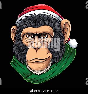 Chimpanzee head wearing santa hat christmas vector illustration for your company or brand Stock Vector