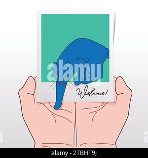 Cat Stepping On Outstretched Hands From Instant Print Photograph With Written Word “Welcome!” Referring To Rescuing, Fostering, Adopting A New Pet Cat Stock Vector