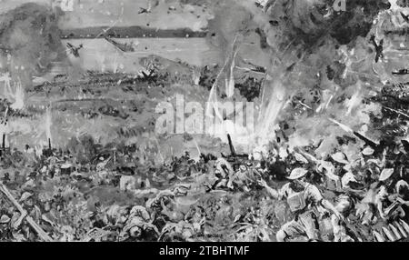 A drawing by T. C. Douglas showing British artillery fire near the Causeway on Singapore Island during the Second World War. The British rearguard action in February 1942 was defeated by overwhelming numbers of Japanese troops, their artillery and massive air support. Stock Photo