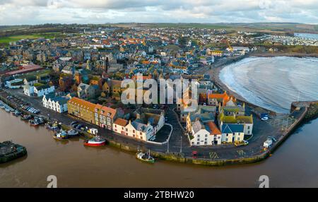 Aerial view of harbour area at Eyemouth town in Berwickshire, Scottish Borders, Scotland, UK Stock Photo