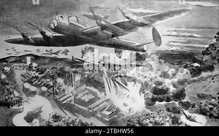 A drawing by Paul Nash of Lancaster bombers during an air raid on a German factory in Augsburg in Bavaria where U-Boat diesel engines, tanks and other army vehicles were built during the Second World War. Great damage was caused by the bombers, but of the twelve that set out on the 17th April 1942, just five returned safely to their British base. Stock Photo