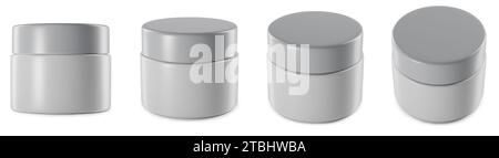 set of plastic cosmetic jar of containers, blank skin care product with cap, mock-up template design in different angles, 3D rendering illustration Stock Photo