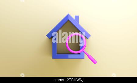 Blue House and Pink Magnifying Glass on a Beige Studio Background. House Mortgage, House Searching, New Home, House Project, Home to Buy, Home Stock Photo