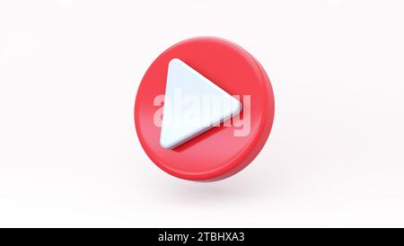 Red Play Button Icon on Soft White Studio Background. Video Play Icon, Social Media, Media Player Sign, Video Player, Streaming, Live Stream. Stock Photo