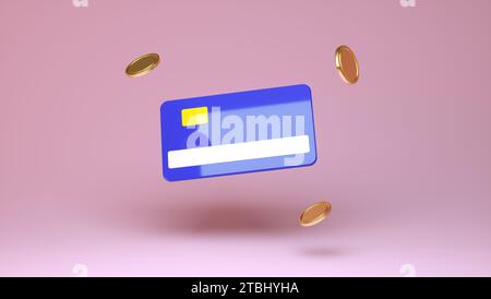 Credit card with coins on soft pink studio background. Online payment, save money, money transfers, coins, shopping. Cartoon Minimal. Business Concept Stock Photo