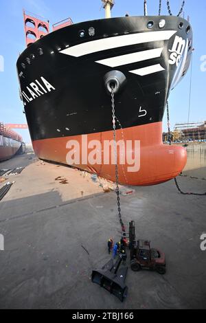 (231207) -- NANJING, Dec. 7, 2023 (Xinhua) -- Workers install an anchor to a container vessel at a shipyard of Jiangsu Yangzi Xinfu Shipbuilding Co., Ltd. in Taixing, east China's Jiangsu Province, Dec. 5, 2023. In the first 10 months of 2023, China has maintained its top position in the global shipbuilding market with strong growth in both output and new orders, industry data showed. The country's shipbuilding output climbed 12 percent year on year to 34.56 million deadweight tonnes (dwt) during the January-October period, accounting for 49.7 percent of the world's total, according to data Stock Photo