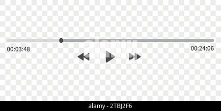 Video play bar display interface. Audio player progress for podcast, misic, radio. Vector slider, play, rewind buttons. Stock Vector