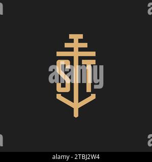 ST initial logo monogram with pillar icon design vector, law firm logo design inspiration Stock Vector