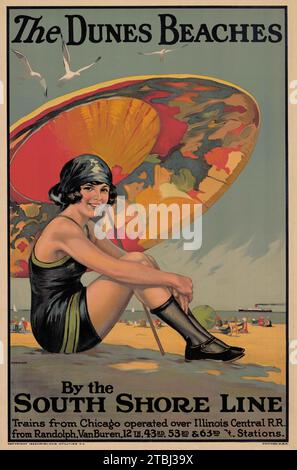 Old American travel poster - The dunes beaches by the South Shore Line, 1925 - railroad poster - 1920s Woman at the beach Stock Photo