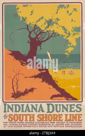 Old American travel poster - Indiana dunes by South Shore Line, 1927 - vintage American travel poster - railroad poster Stock Photo