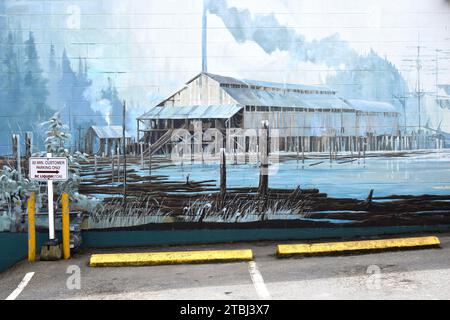 CHEMAINUS, CANADA - MAY 16, 2017: Detail of 'Chemainus Tug Boat', a mural made 1984 by Mark & Harry Heine, is one of more than 40 murals at Chemainus Stock Photo