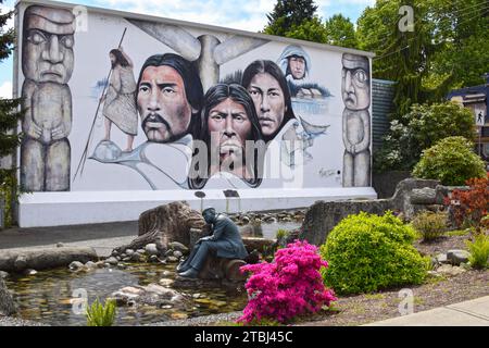 CHEMAINUS, CANADA - MAY 16, 2017: The mural 'Native Heritage', painted 1983 by Paul Ygartua, is one of more than 40 murals at the town Chemainus attra Stock Photo