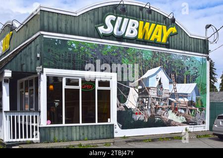 CHEMAINUS, CANADA - MAY 16, 2017: The mural 'Temporary Homes', made 1983 by David White, is one of more than 40 murals at the town Chemainus attractin Stock Photo