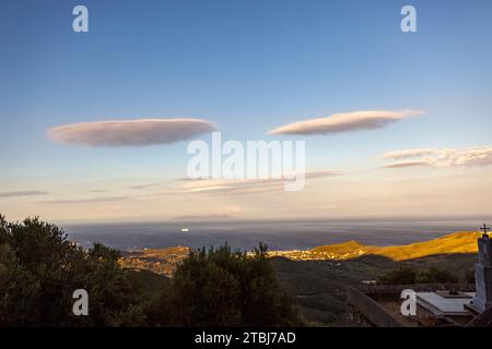 Lenticular clouds or Altocumulus lenticularis, Rogliano, Corsica, France. Stock Photo