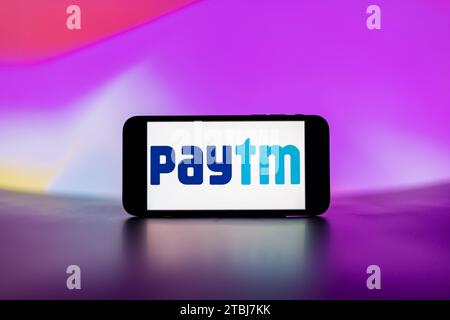 In this photo illustration, the Paytm logo is seen displayed on a mobile phone screen. Stock Photo