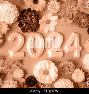 Numbers And Dahlia Flowers 2024 New Year Idea Concept Trendy Color Of Year 2024 Peach Fuzz Trendy Color Palette Sample 2tbj9cw 