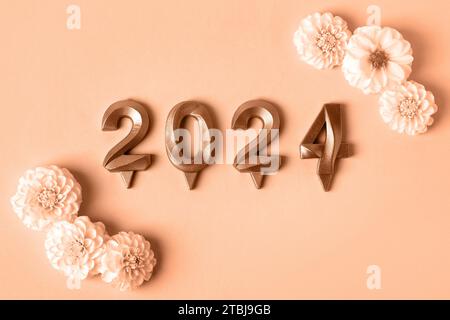 Numbers And Dahlia Flowers 2024 New Year Idea Concept Trendy Color Of   Numbers And Dahlia Flowers 2024 New Year Idea Concept Trendy Color Of Year 2024 Peach Fuzz Trendy Color Palette Sample 2tbj9gb 