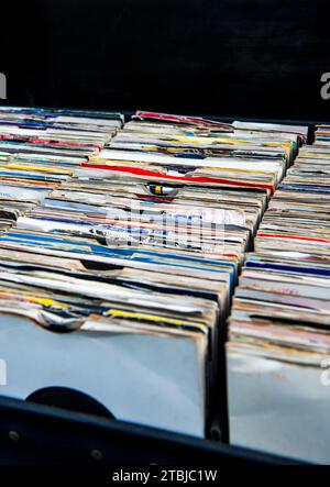 Detail of a collection of seven inch vinyl records Stock Photo