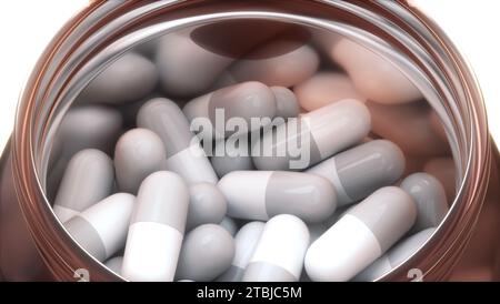 Capsule Pills Inside in a Open Transparent Brown Glass Jar on a Light Studio Background. Medical Concept. 3D Render Illustration. Stock Photo