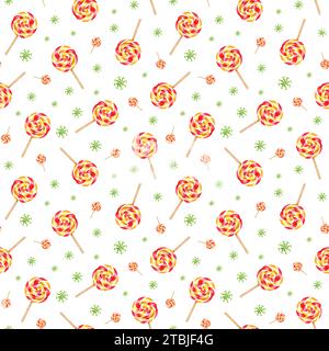 Seamless pattern of spiral lollipops, circle candies. Bonbons with striped swirls, sugar caramel on stick. Watercolor illustration isolated on white. Stock Photo