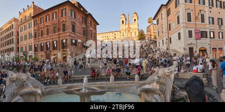 Panoramic image of crowded Spanish stairs in the sunset, Rome, Italy Stock Photo