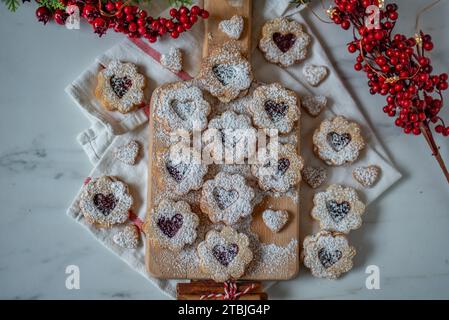 Linzer biscuits filled with red raspberry jam Stock Photo