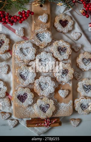 Linzer biscuits filled with red raspberry jam Stock Photo