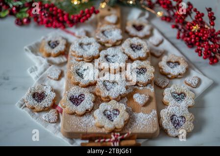 Linzer biscuits filled with red raspberry jam Stock Photo