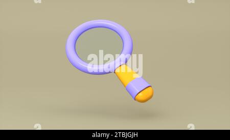Magnifying glass or optical search icon on beige background. Search concept. Cartoon minimalism style. 3D Render Illustration. Stock Photo