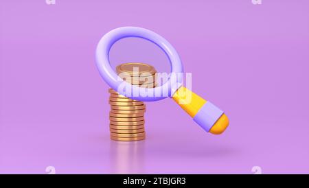 Magnifying glass or optical search icon with cooins on Purple background. Search concept. Cartoon minimalism style. 3D Render Illustration. Stock Photo