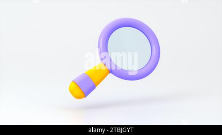 Magnifying glass or optical search icon on soft white background. Search concept. Cartoon minimalism style. 3D Render Illustration. Stock Photo