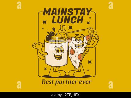 Mainstay lunch, best partner ever. Mascot character illustration of a coffee mug and a slice pizza Stock Vector