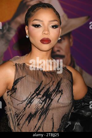 LOS ANGELES, CALIFORNIA - DECEMBER 06: Chloe Bailey attends the World Premiere of Warner Bros.' 'The Color Purple' at Academy Museum of Motion Picture Stock Photo