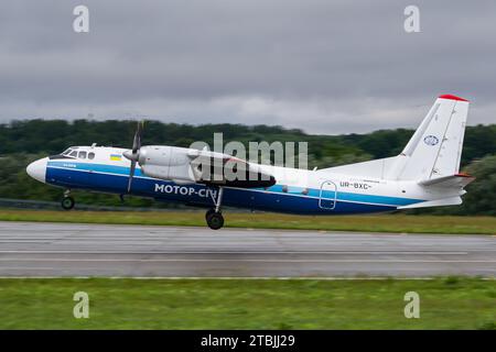 Motor Sich Airlines Antonov An-24RV aircraft taking off from Lviv for a flight to Kyiv Stock Photo