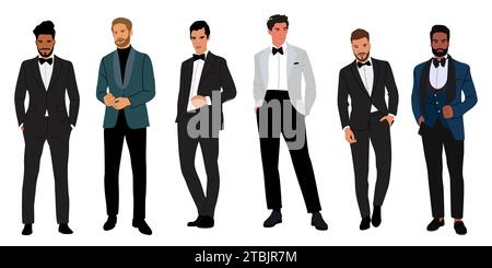 Set of elegant businessmen wearing formal tuxedo. Stock Vector