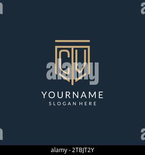 Luxury CV logo monogram shield shape monoline style with gold color and ...