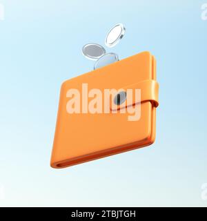 Orange Wallet With Silver Coins Isolated Over Soft Blue Background. Cartoon Minimalism Style. Business Concept. 3D Render Illustration. Stock Photo