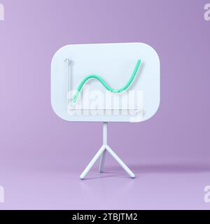 Up Graph Green Line on White Board Isolated Over Soft Purple Background. Cartoon Minimalism Style. Business Concept. 3D Render Illustration. Stock Photo
