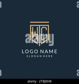 Luxury WC logo monogram shield shape monoline style with gold color and ...