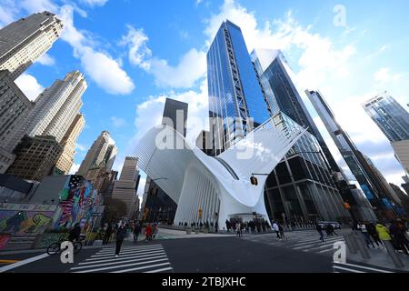 One World Trade Center in New York City reflects clouds and blue skies off its exterior in New York, New York on Wednesday, Dec. 6, 2023. (Photo: Gord Stock Photo