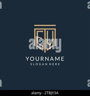 Luxury EV logo monogram shield shape monoline style with gold color and ...