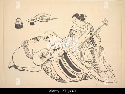 An Oiran Playing the Shamisen to a Young Man Kneeling by Her Side in Rapt Attention 1929 by Okumura Masanobu Stock Photo