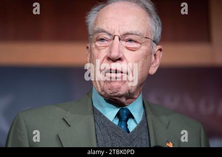 Washington, United States. 07th Dec, 2023. Sen. Chuck Grassley, R-IA, speaks during a press conference on border security at the U.S. Capitol in Washington, DC on Thursday, December 7, 2023. Yesterday, an emergency bill to provide aid for Ukraine and Israel was blocked as Senate Republicans pushed for tougher immigration control. Photo by Bonnie Cash/UPI Credit: UPI/Alamy Live News Stock Photo