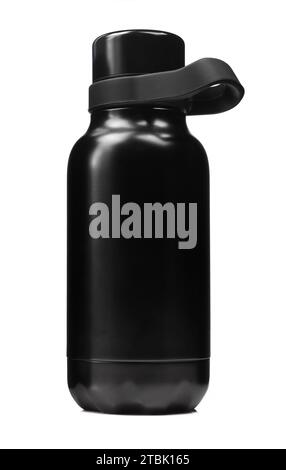 Black shiny thermos bottle isolated on white background Stock Photo