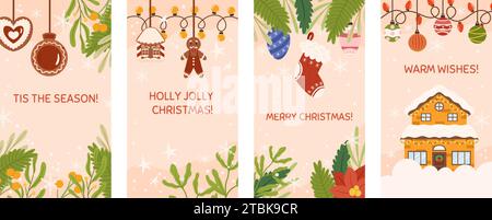 Social media christmas stories template with copy space. Vertical banner decorated with spruce plants branches, tree toys, light garland, gingerbread Stock Vector